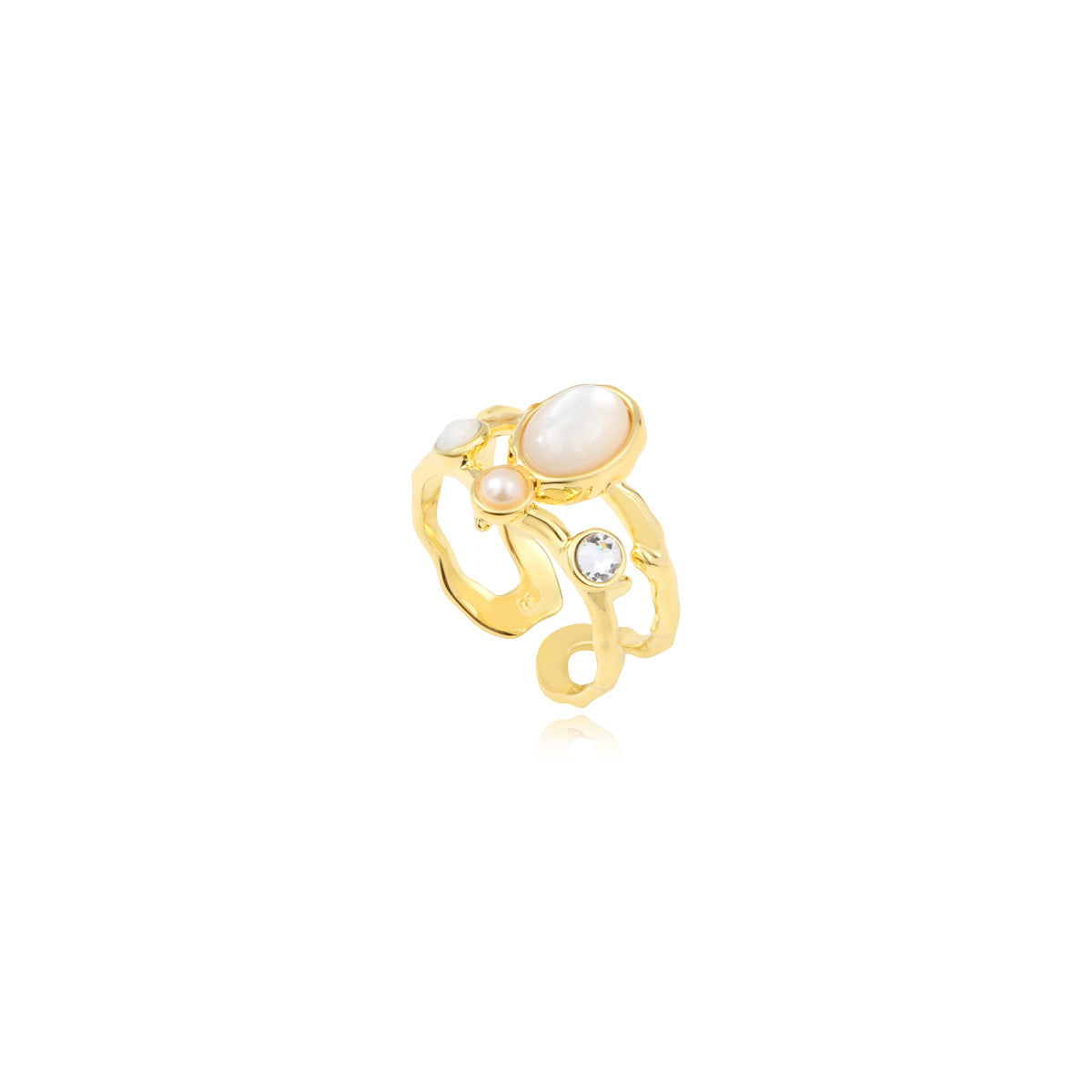 Bague Océane dorée ajustable taille M, cabochon blanc et strass- blanc Blanc