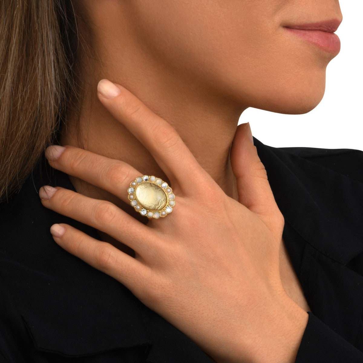 Bague Océane dorée ajustable taille M, motif central ovale et strass - blanc Blanc