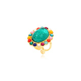 Bague Océane dorée ajustable taille M, motif central ovale turquoise et strass colorés - multi Multi