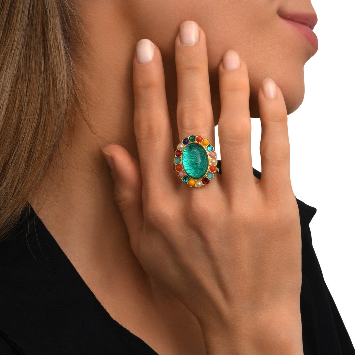 Bague Océane dorée ajustable taille M, motif central ovale turquoise et strass colorés - multi Multi