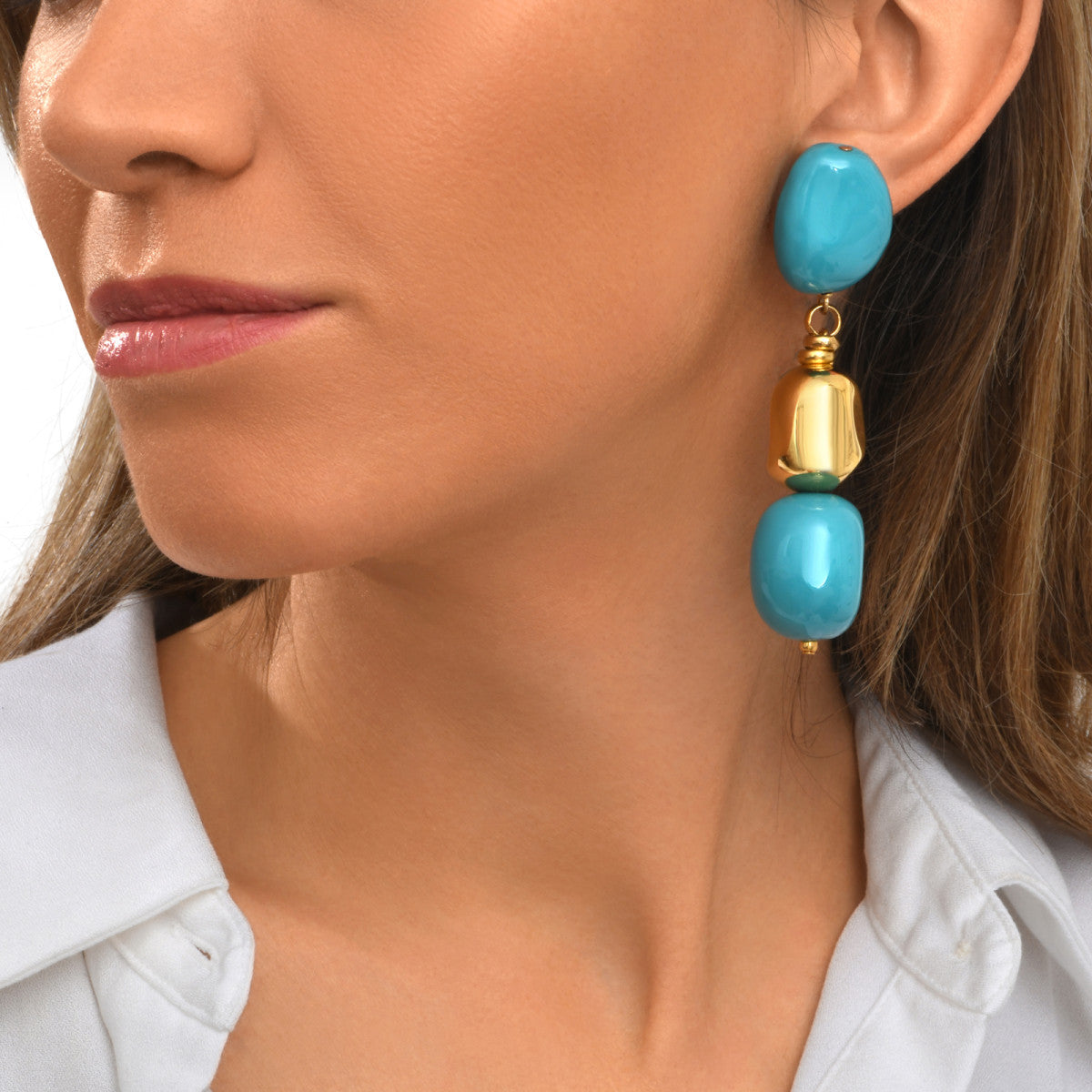 Boucles d'oreilles clip Loulou longues en résine métallisée émaillée - turquoise Turquoise or