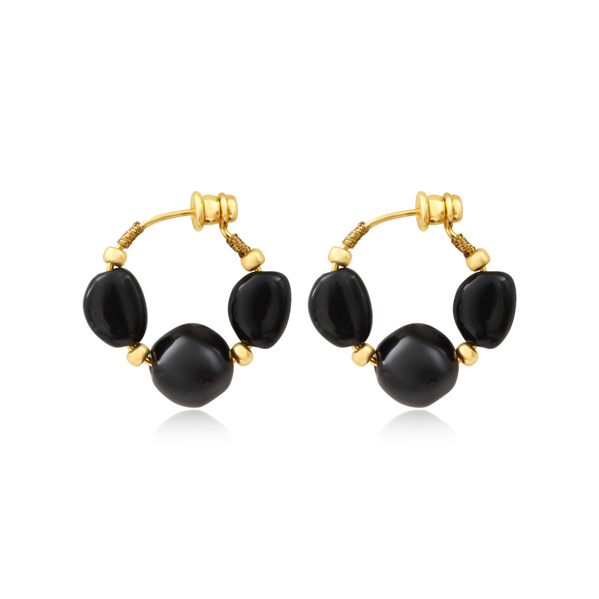 Créoles Loulou noires, trio de cabochons en résine métallisée - noir Noir or