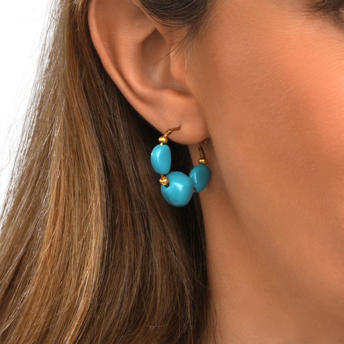 Créoles Loulou turquoise, trio de cabochons en résine métallisée - turquoise Turquoise or