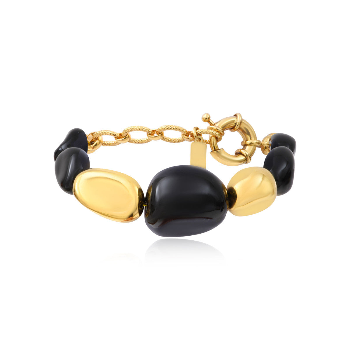 Bracelet Loulou à cabochons noirs et dorés en résine métallisée émaillée - noir Noir or