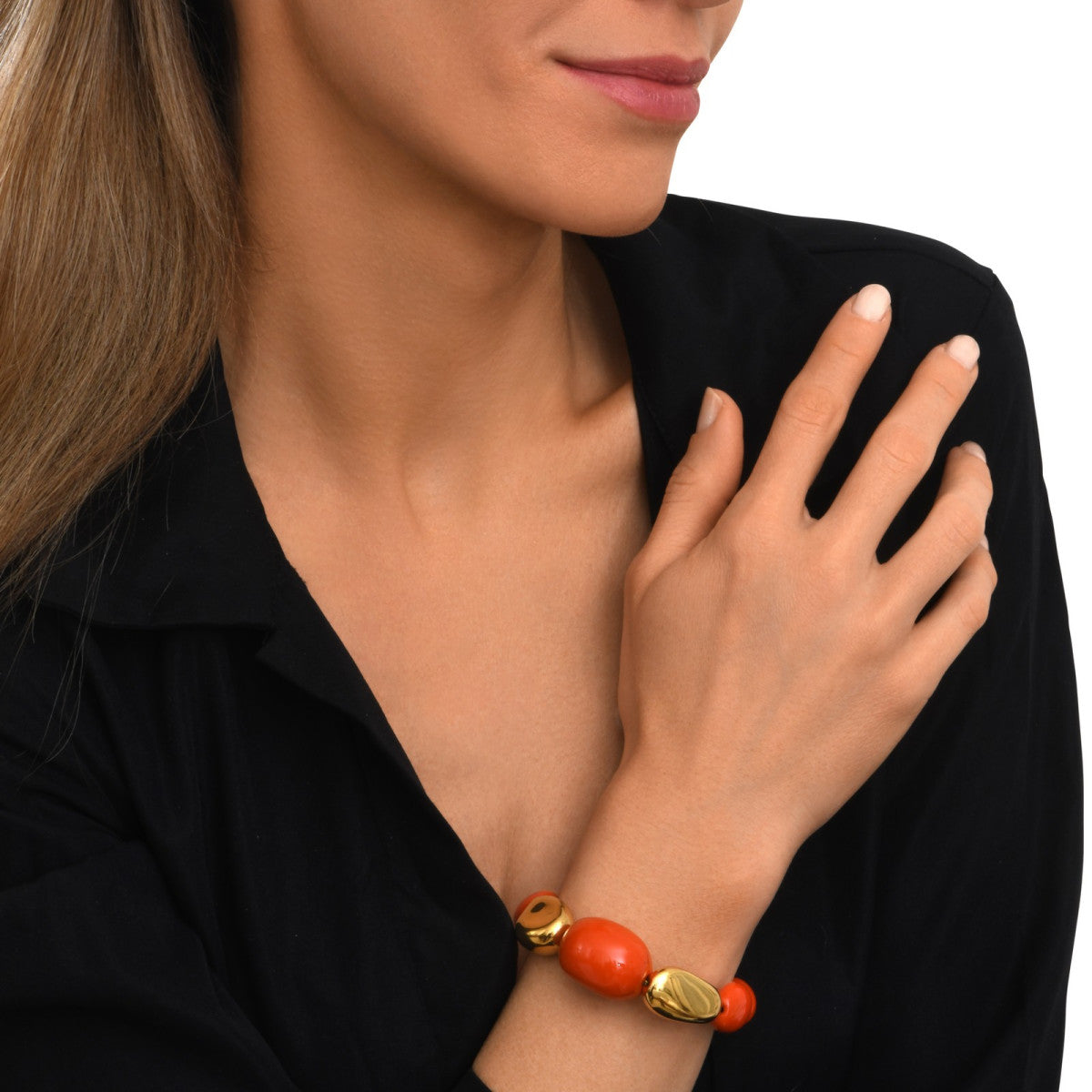 Bracelet Loulou à cabochons orangés et dorés en résine métallisée émaillée - orange Orange or