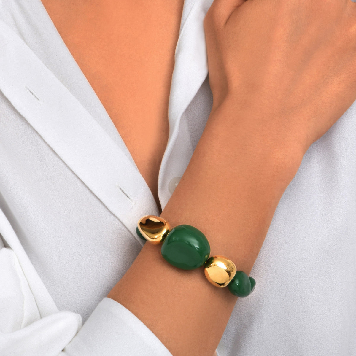Bracelet Loulou à cabochons verts et dorés en résine métallisée émaillée - vert Vert or