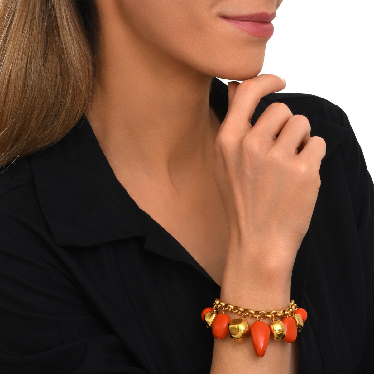 Bracelet Loulou chaîne dorée à éléments irréguliers en résine métallisée orangée et dorée - orange Orange or