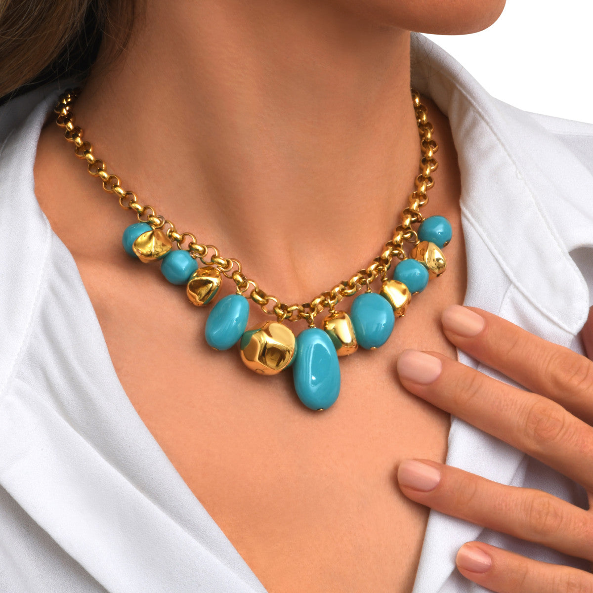 Collier Loulou à chaîne dorée à larges maillons et éléments turquoise en résine métallisée - turquoise Turquoise or
