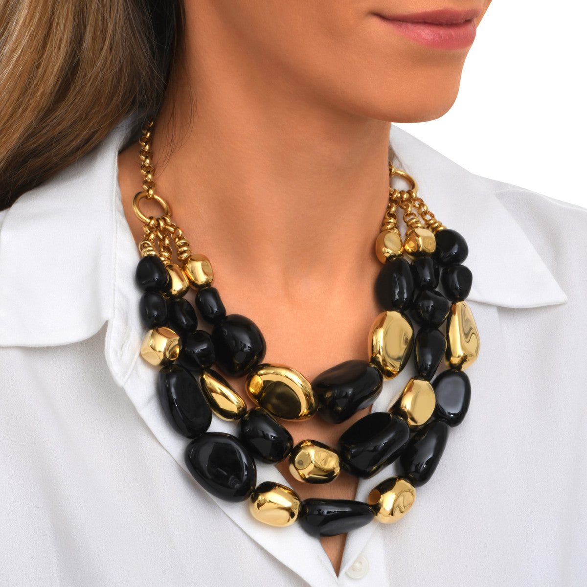 Collier Loulou multirangs en résine métallisée noire et dorée - noir Noir or