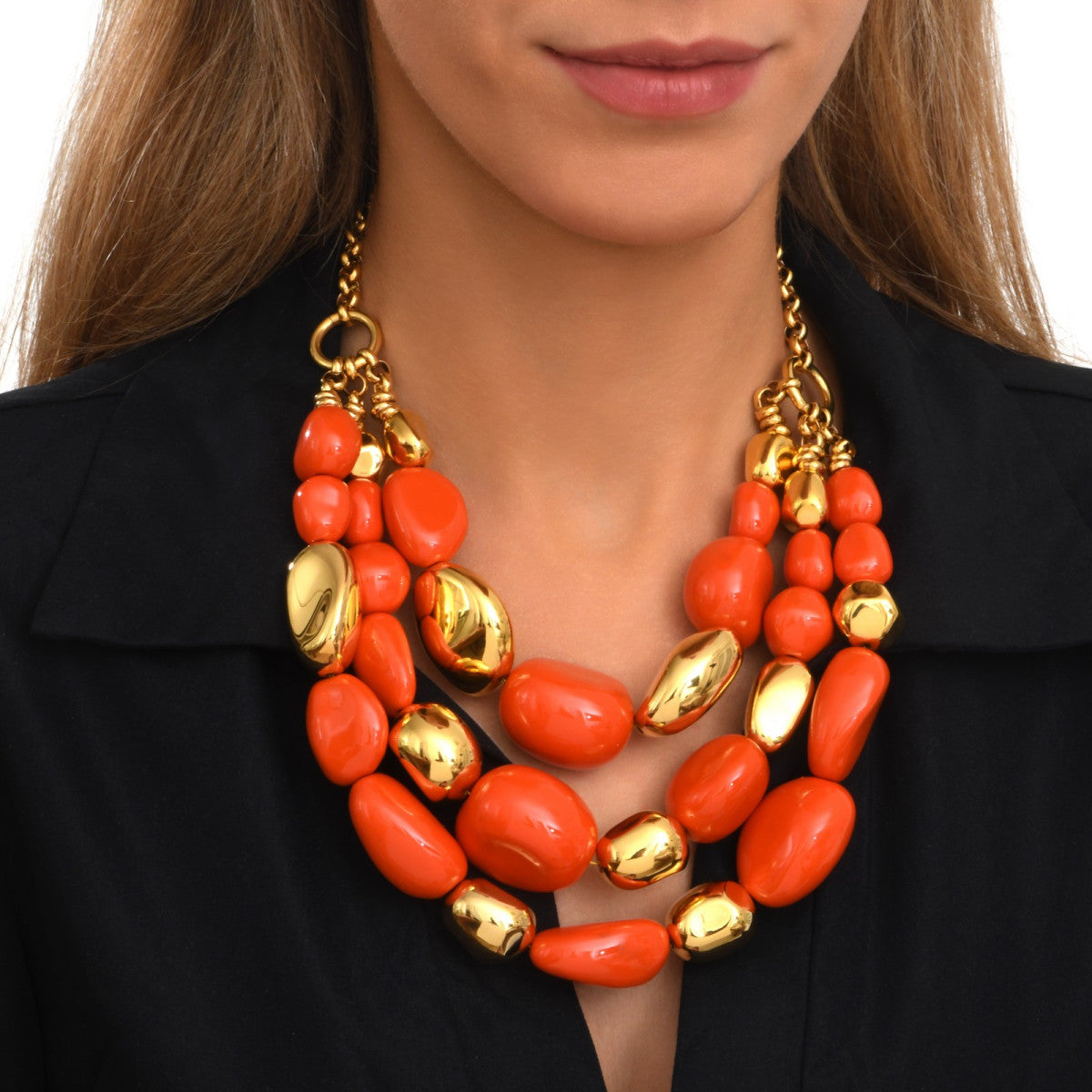 Collier Loulou multirangs en résine métallisée orangée et dorée - orange Orange or