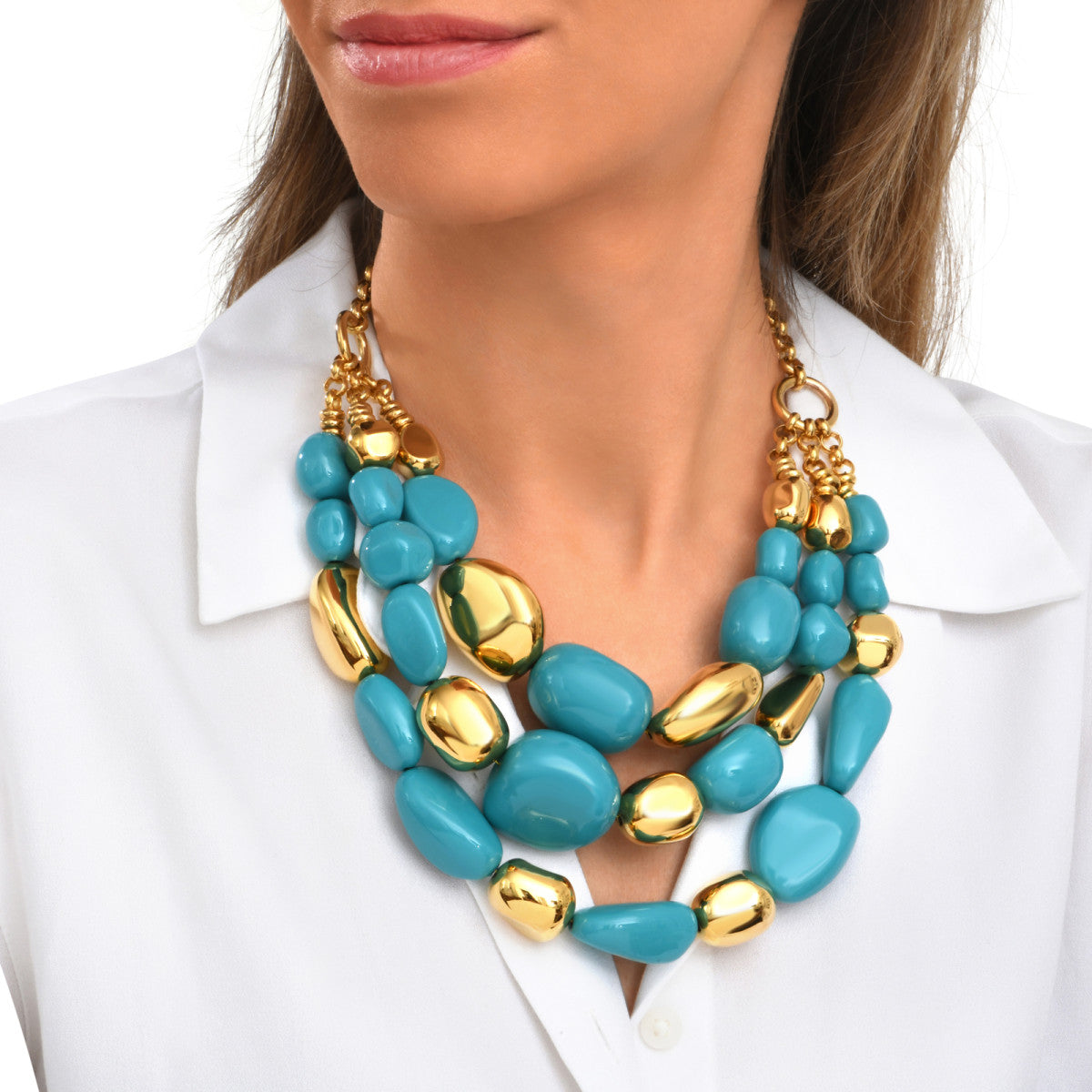 Collier Loulou multirangs en résine métallisée turquoise et dorée - turquoise Turquoise or