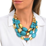 Collier Loulou multirangs en résine métallisée turquoise et dorée - turquoise Turquoise or