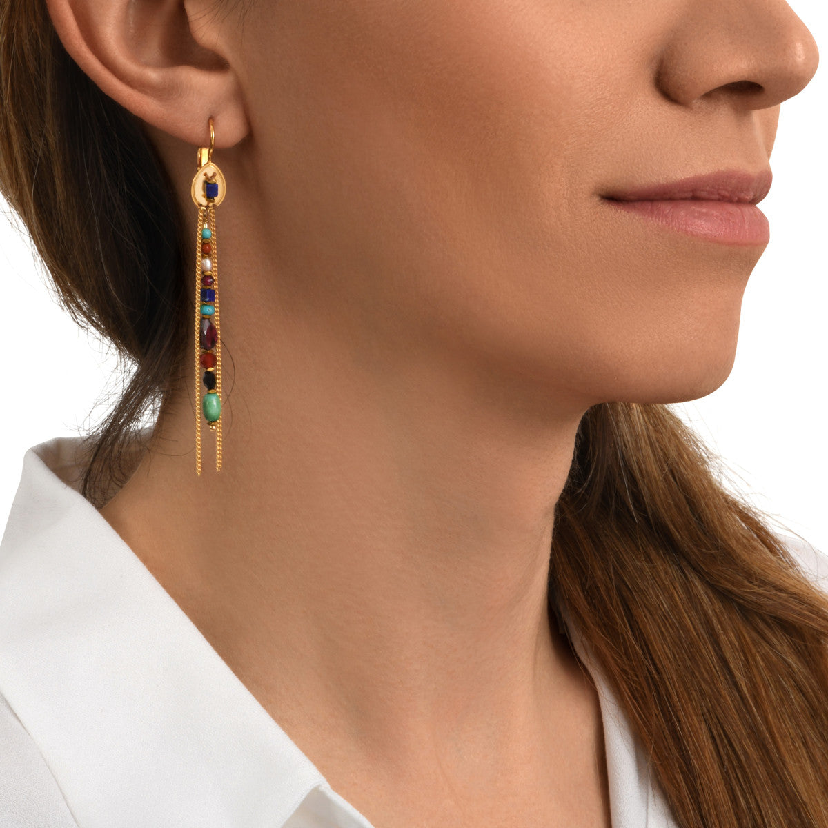 Boucles d'oreilles dormeuses longues Dakota en métal doré et pierres gemmes - multicolore Multi