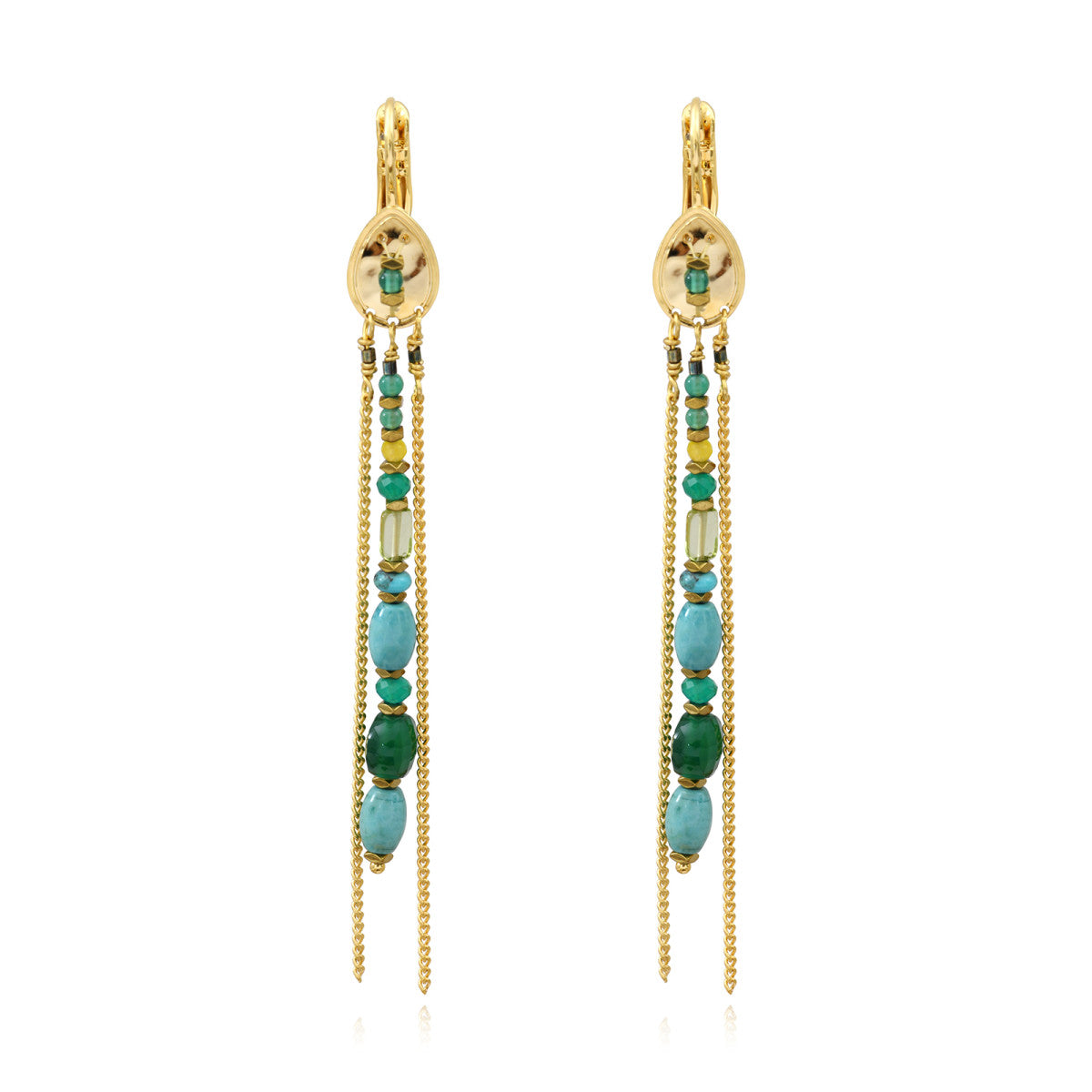 Boucles d'oreilles dormeuses longues Dakota en métal doré et pierres gemmes - vert Vert