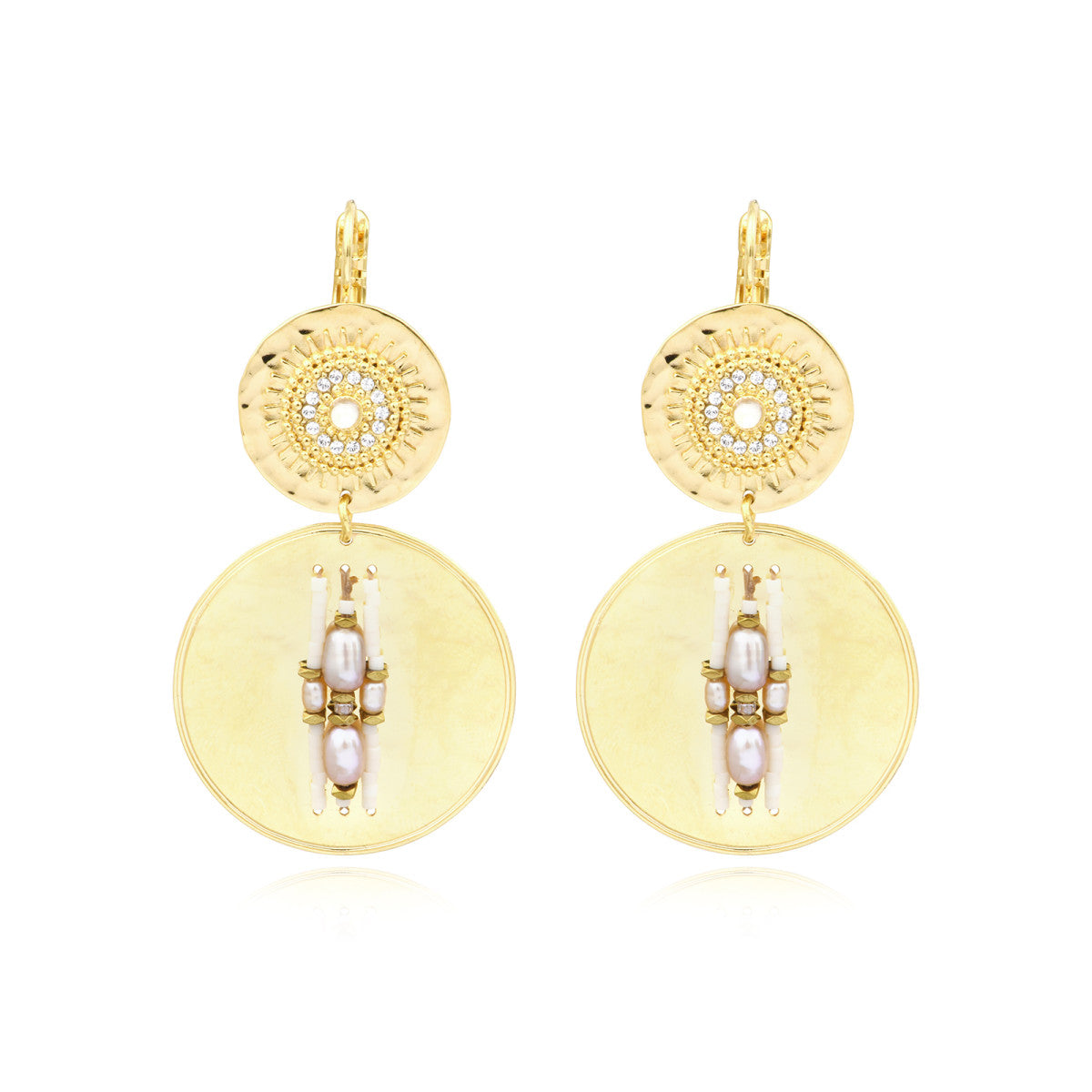 Boucles d'oreilles dormeuses rondes Dakota en métal doré perles et nacre - blanc Perle de riviere