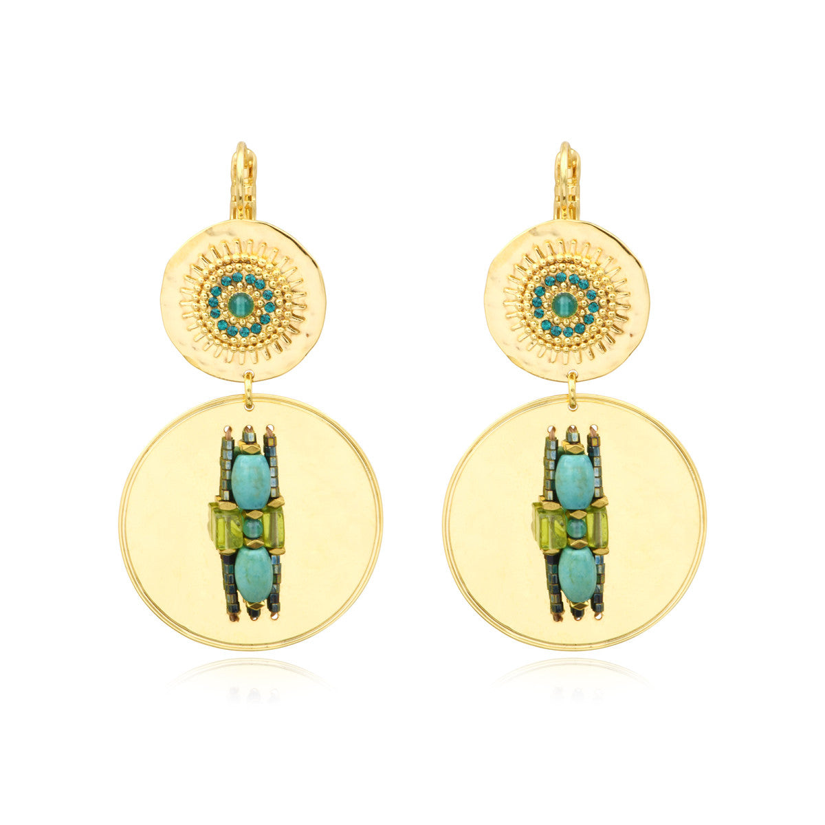Boucles d'oreilles dormeuses rondes Dakota en métal doré et gemmes - vert Vert