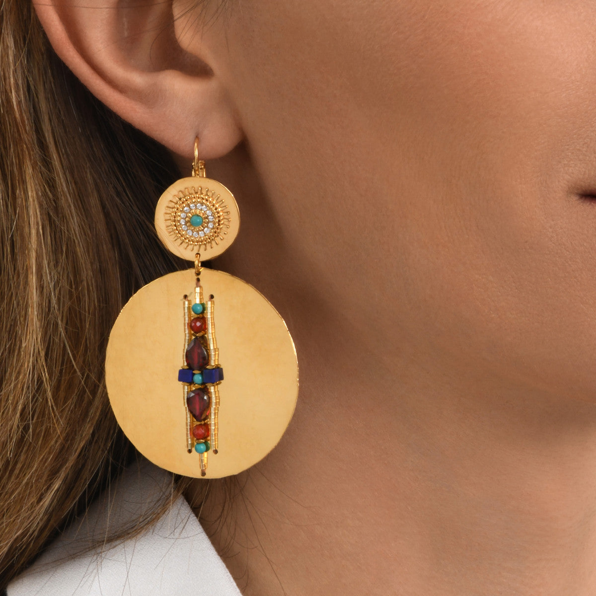 Boucles d'oreilles dormeuses Dakota en métal doré et gemmes - multicolore Multi