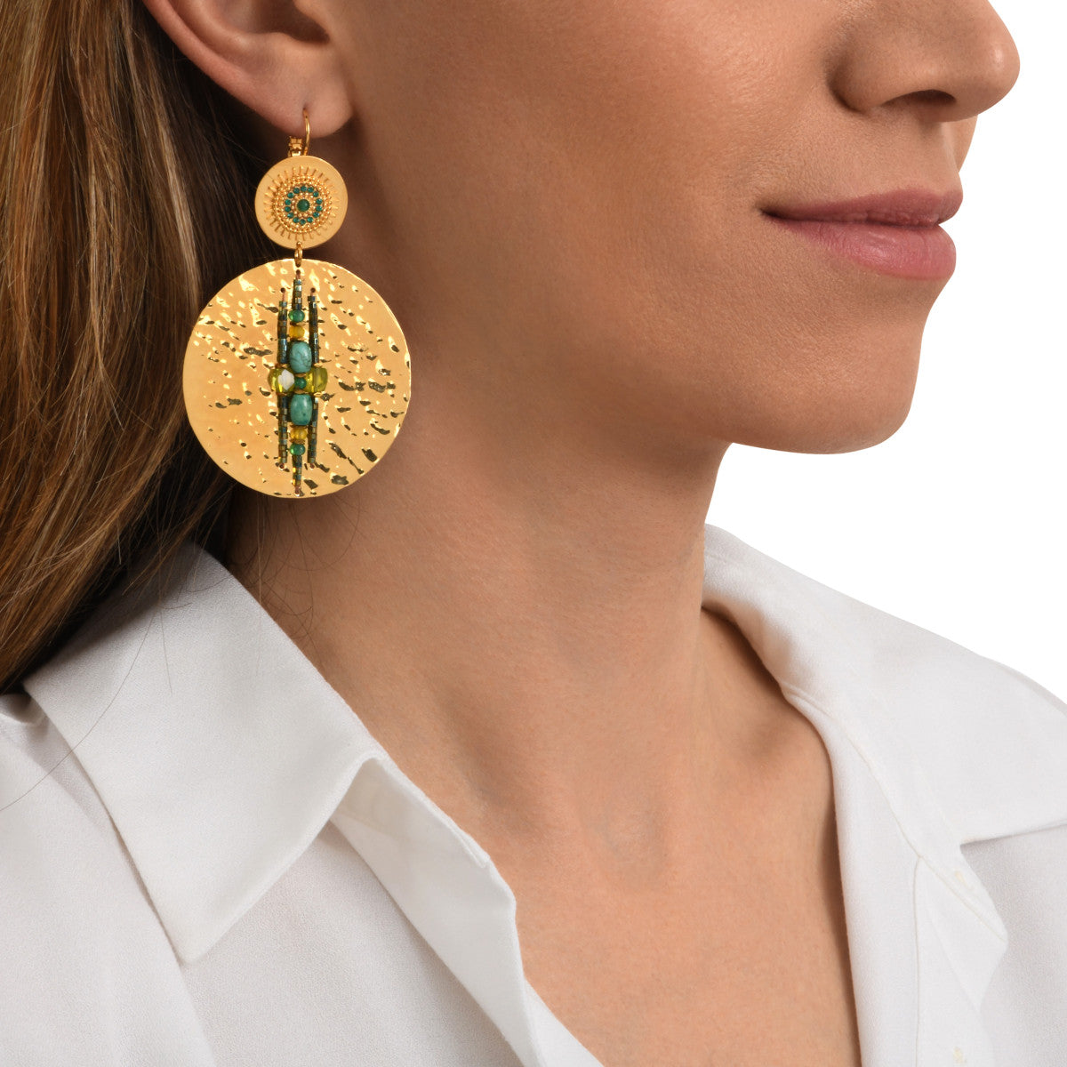 Boucles d'oreilles dormeuses Dakota en métal doré et gemmes - vert Vert