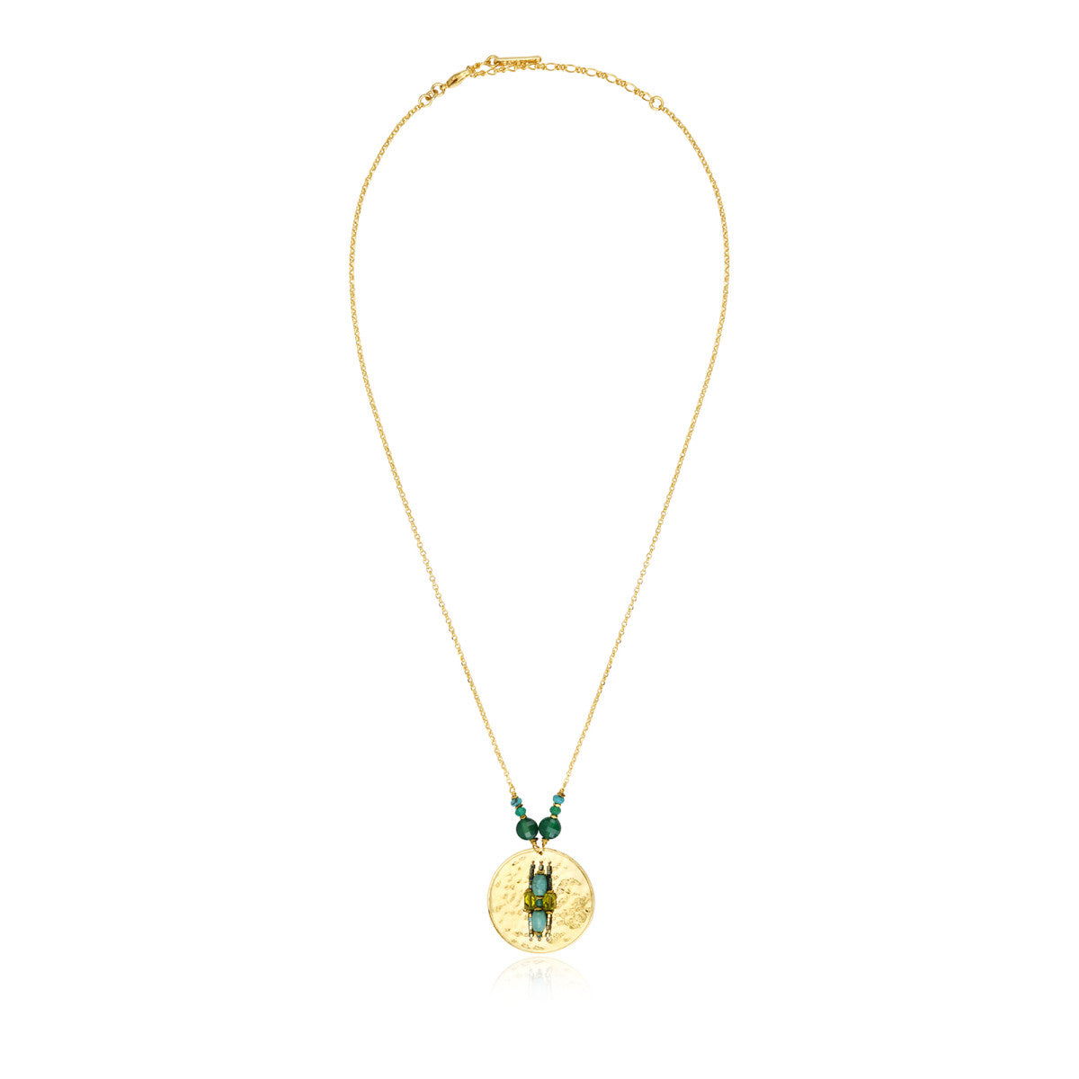 Collier pendentif Dakota en métal doré martelé et pierres de couleur - vert Vert