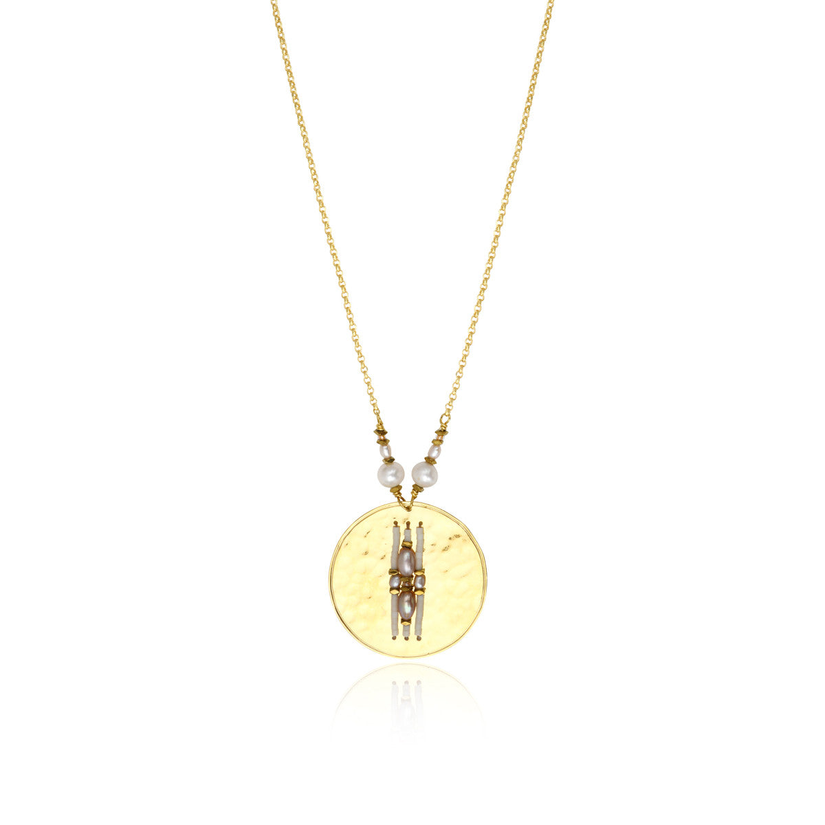 Collier pendentif Dakota en métal doré martelé nacre et perles de rivière - blanc Perle de riviere