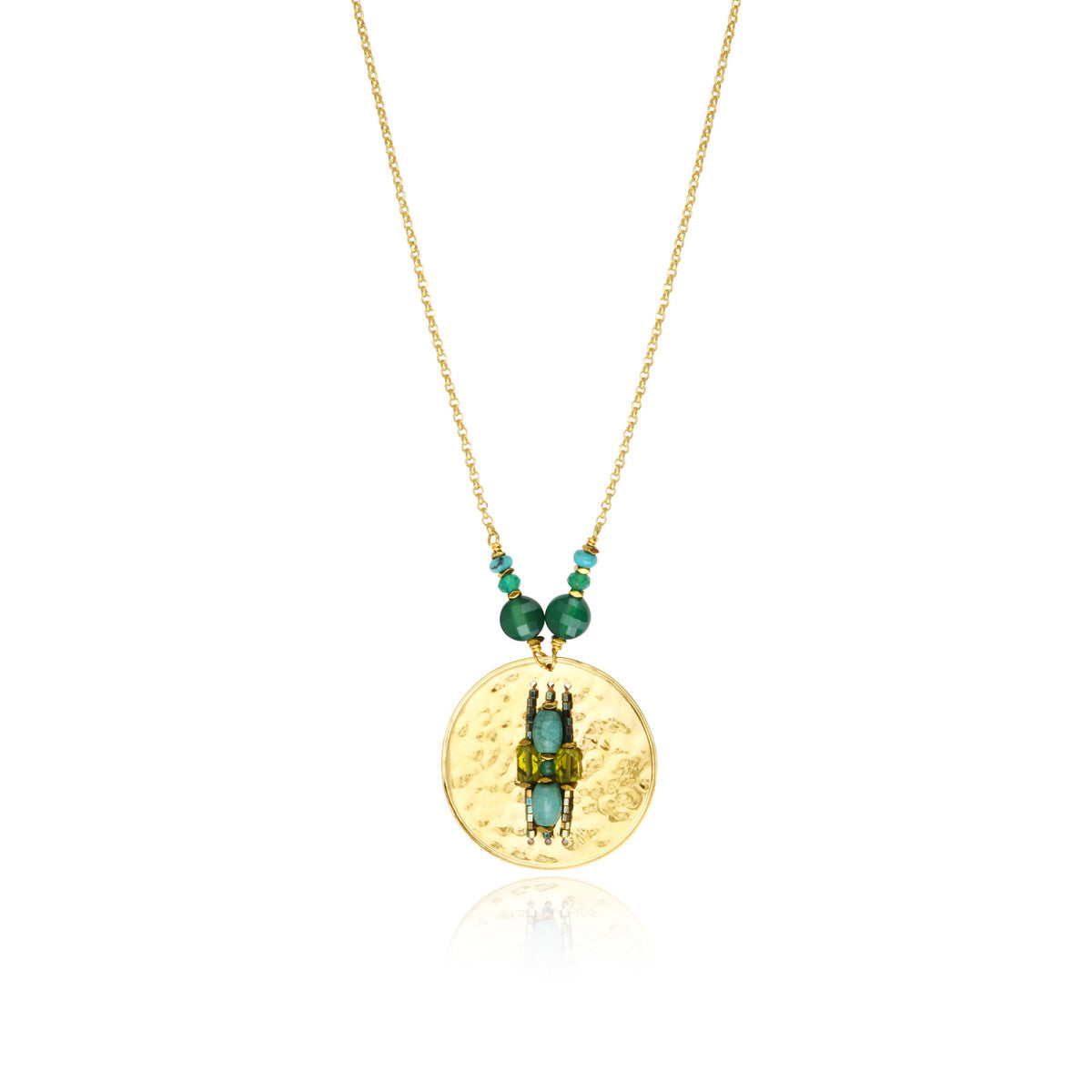 Collier pendentif Dakota en métal doré martelé et pierres de couleur - vert Vert