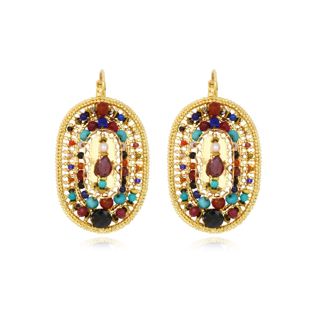 Boucles d'oreilles dormeuses ovales Persane en métal doré et pierres gemmes - multicolore Multi