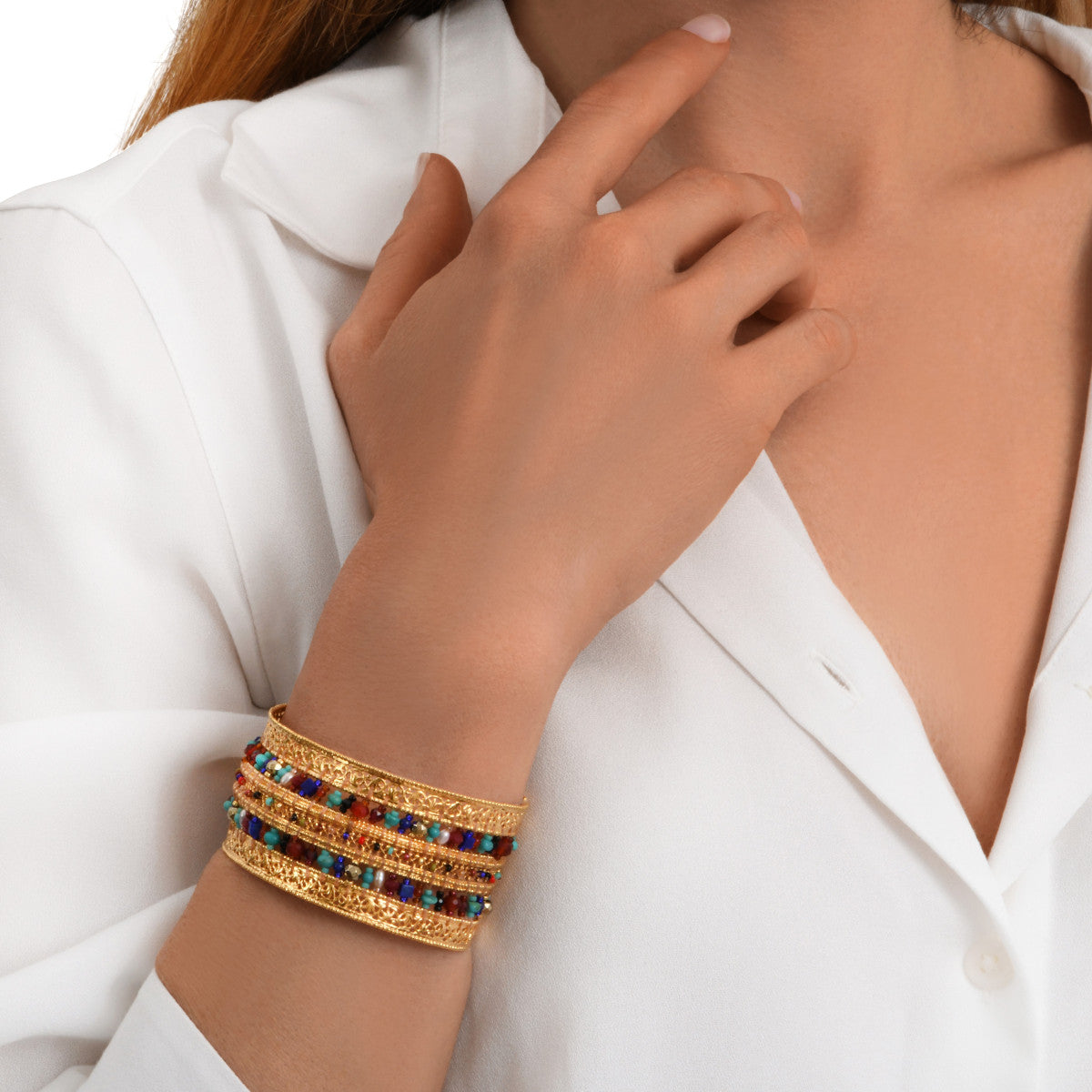 Bracelet manchette Persane en métal doré et pierres gemmes - multicolore Multi