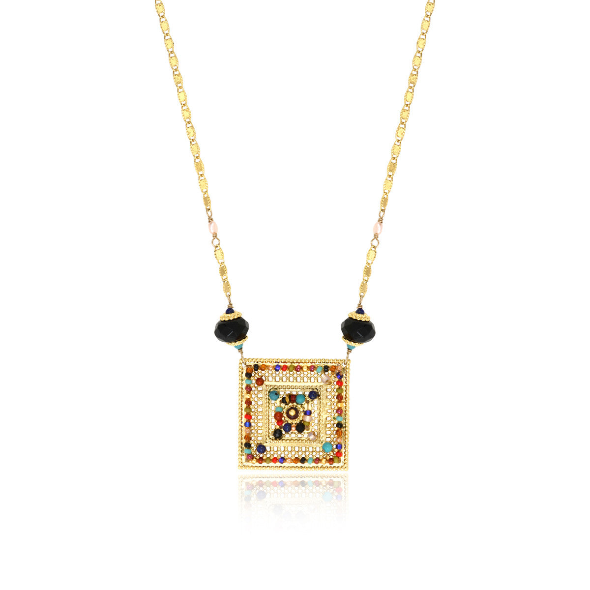 Collier pendentif réglable Persane en métal doré et pierres gemmes - multicolore Multi