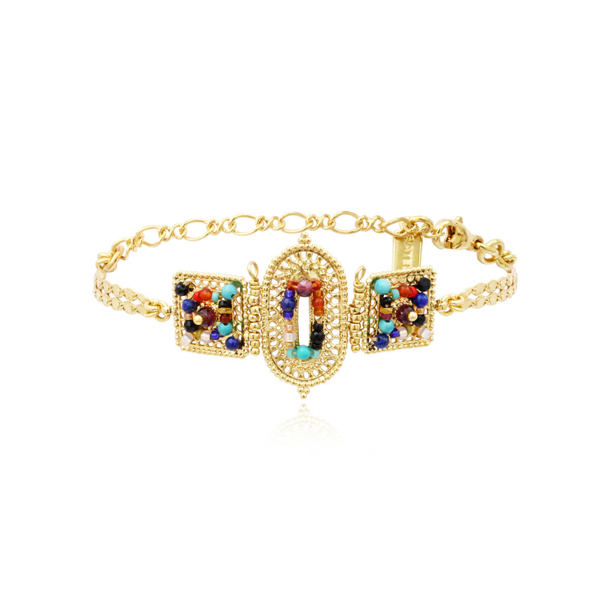 Bracelet fin réglable Persane en métal doré et pierres gemmes - multicolore Multi