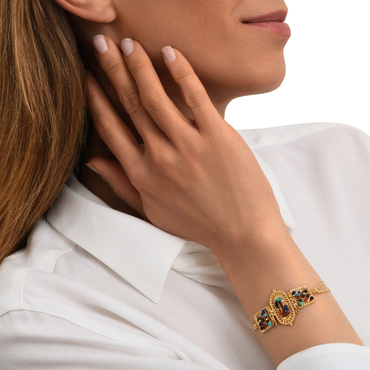 Bracelet fin réglable Persane en métal doré et pierres gemmes - multicolore Multi