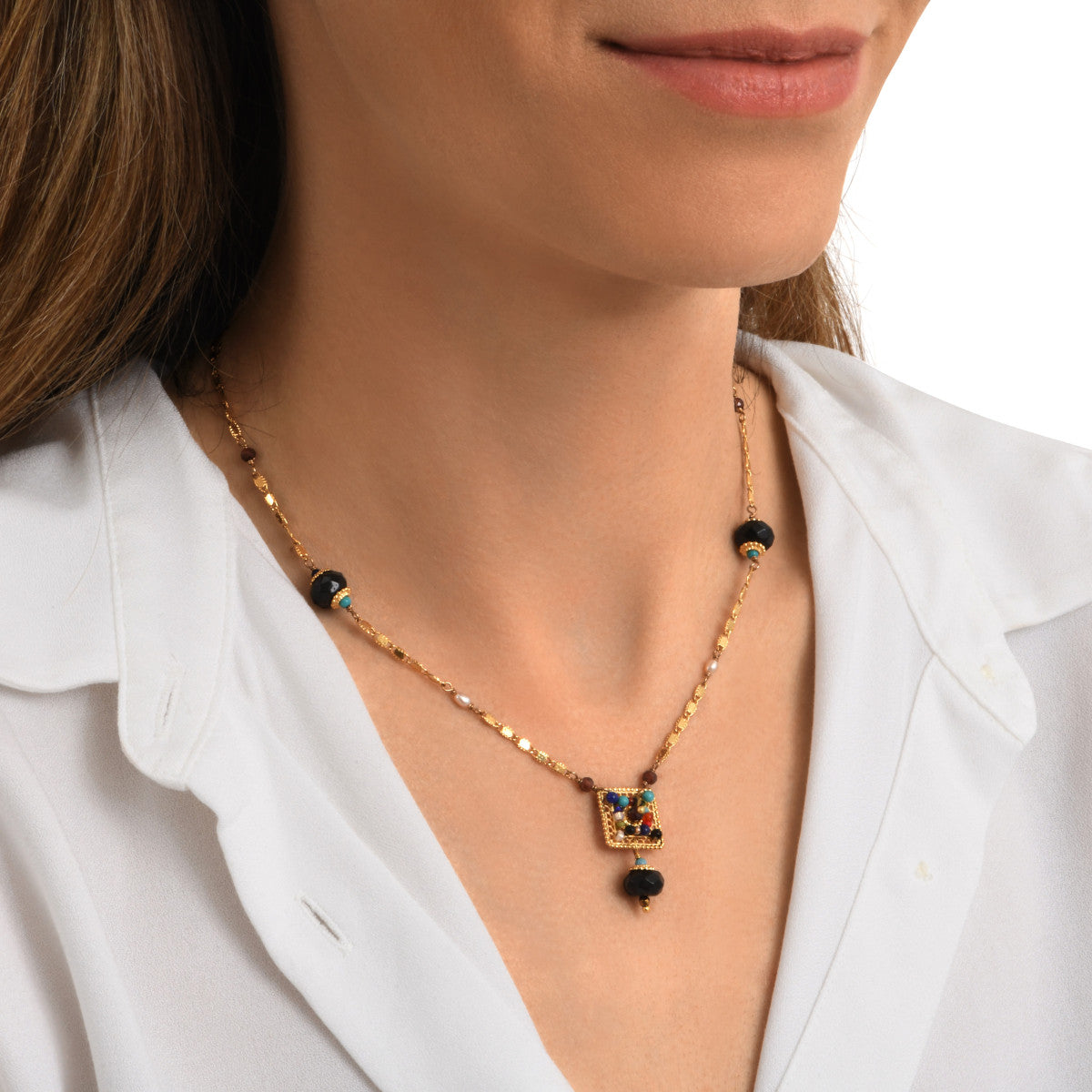 Collier pendentif Persane en métal doré et pierres gemmes - multicolore Multi