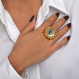 Anello regolabile Angèle rotondo ricamato taglia S – Turchese
