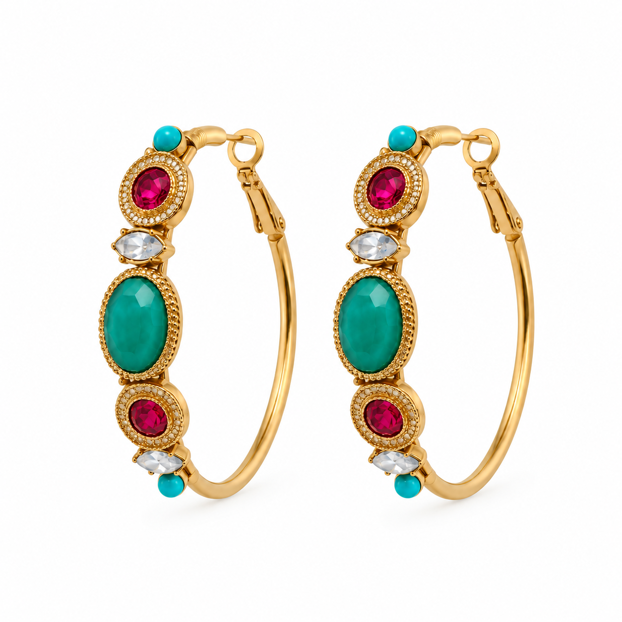 Boucles d'oreilles créoles larges dorées à tiges percées, turquoise, cabochon et cristaux grenat, diamètre 5 cm, collection Fujita