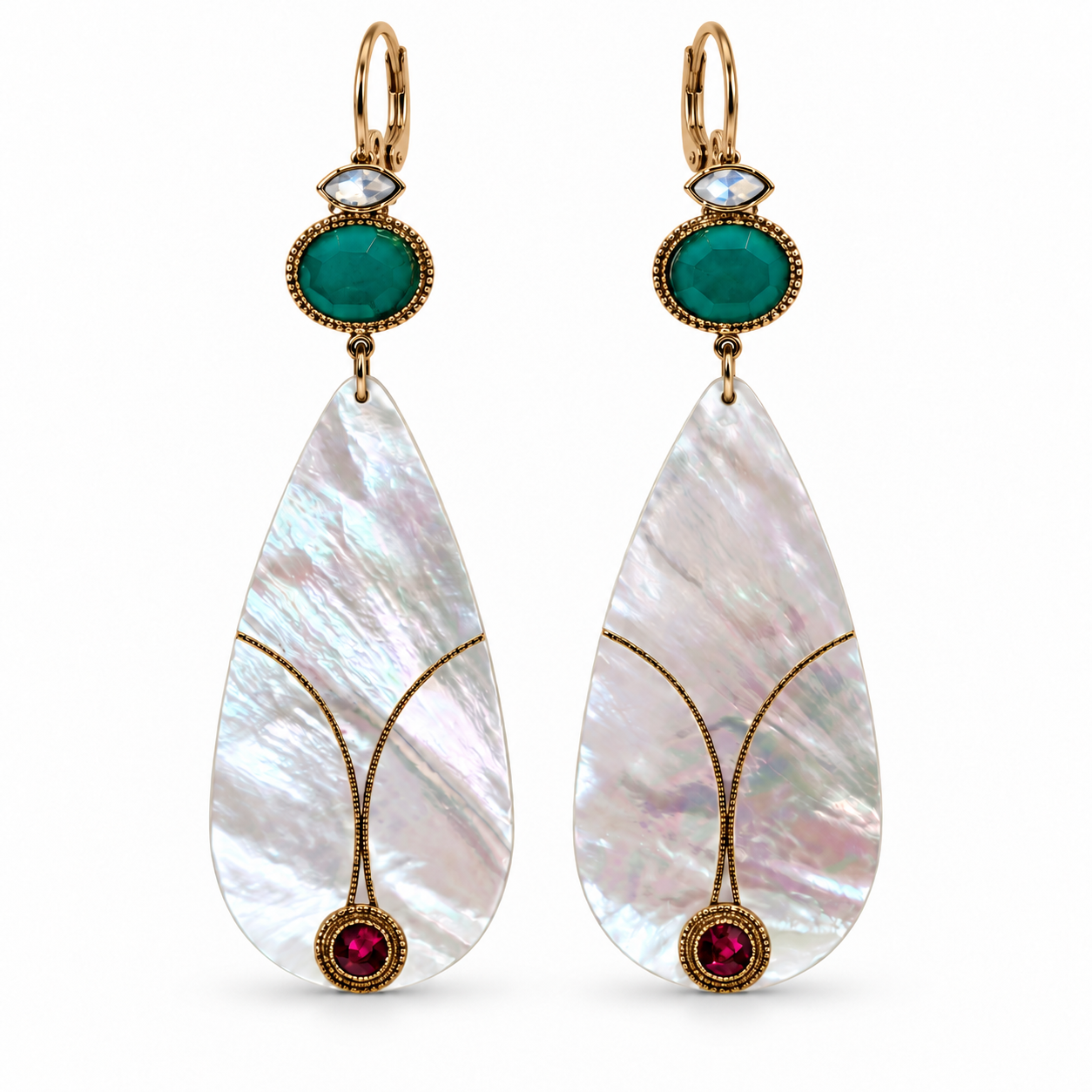 Boucles d'oreilles dormeuses dorées en nacre blanche, cabochon turquoise et cristal grenat, hauteur 9 cm, collection Fujita