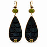 Boucles d'oreilles dormeuses longues dorées en plumes de faisan kaki, cabochons et cristaux, 9 x 3 cm, collection Fujita