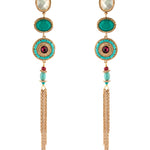 Boucles d'oreilles dormeuses longues dorées à chaînettes, nacre blanche facettée, turquoise et jade teinté rouge, 12,5 cm, collection Fujita