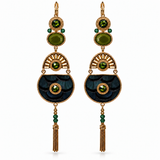 Boucles d'oreilles dormeuses dorées en plumes kaki, cristaux, jade et jaspe, à chaînettes, collection Fujita