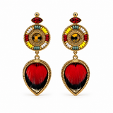 Boucles d'oreilles clips dorées en plumes naturelles rouges, cuir d'agneau doré, perles du Japon et cristaux Prestige, collection Fujita